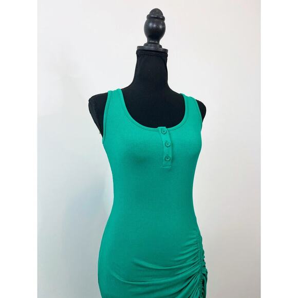 Halara U Neck Bodycon Midi Dress in Vivid Green Small Sleeveless Ruched Ribbed - Picture 4 of 5